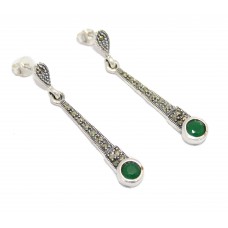 Earrings Silver 925 Sterling Dangle Drop Women Green Onyx Marcasite Stones A929